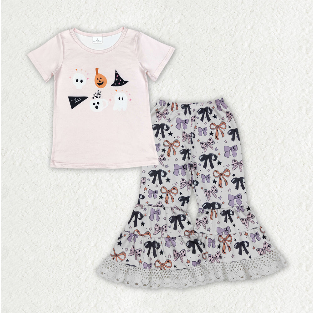 GSPO2065 Halloween spooky light pink short sleeve bows lace pants girls set