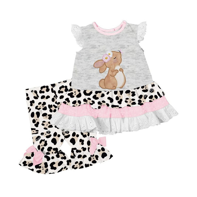 preorder GSPO2070 cute bunny rabbit ruffles flutter sleeve leopard pants girls set