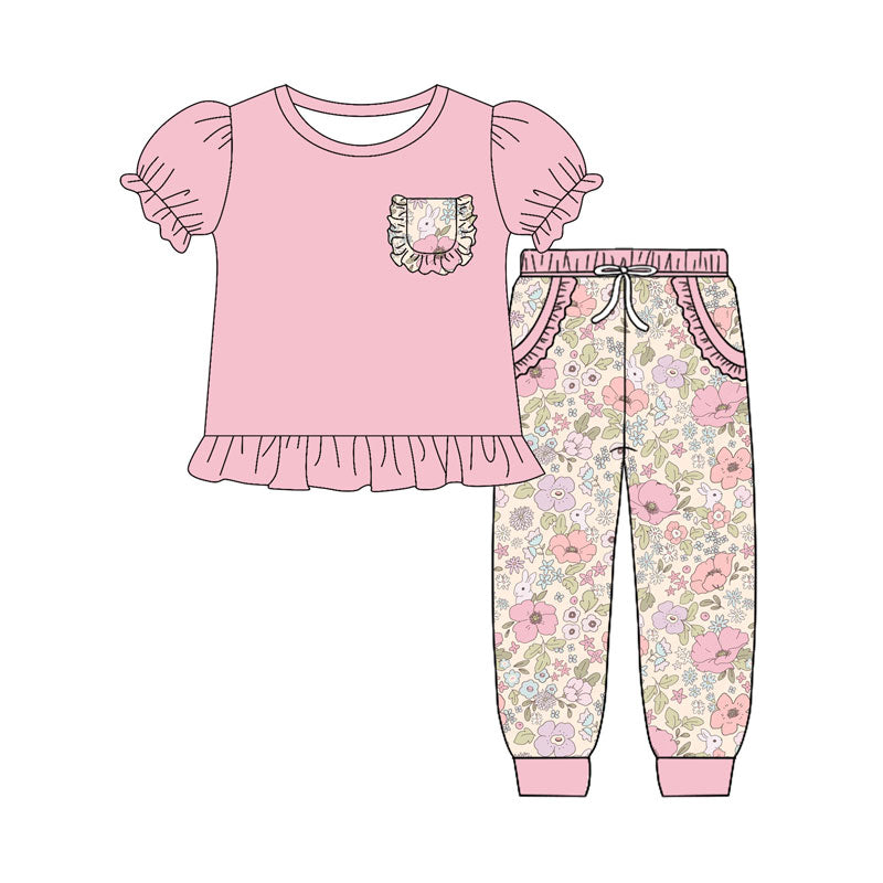 preorder GSPO2077 Easter bunny rabbit pink pocket short sleeve flowers floral pants girls set