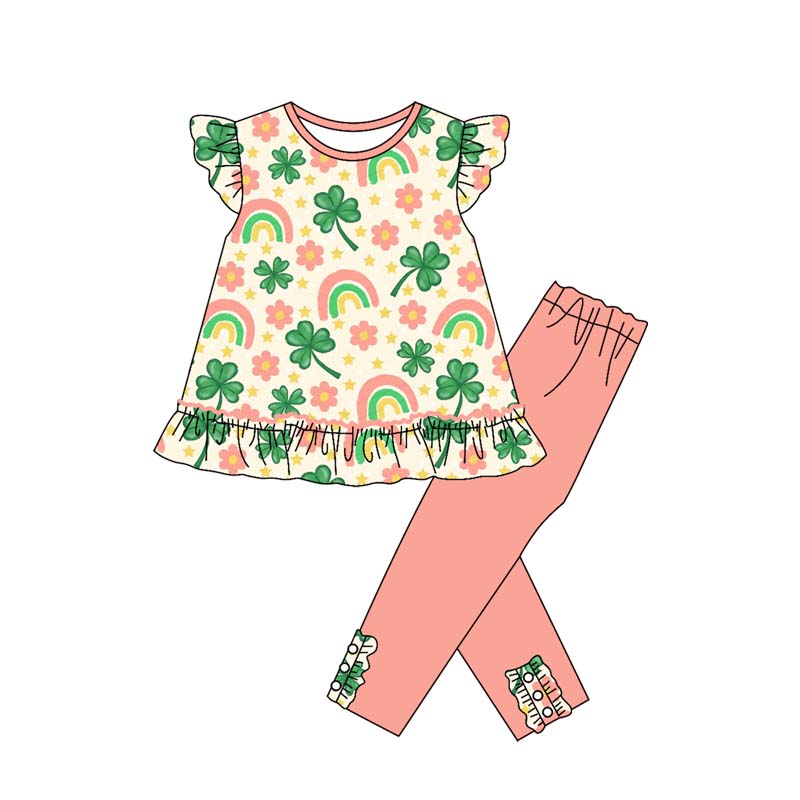 preorder GSPO2078 St Patrick clover flowers rainbows flutter sleeve pink pants girls set
