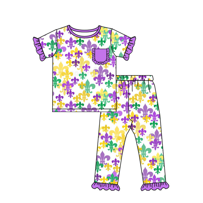 preorder GSPO2080 Mardi Gras yellow green purple pocket short sleeve pants girls pajamas
