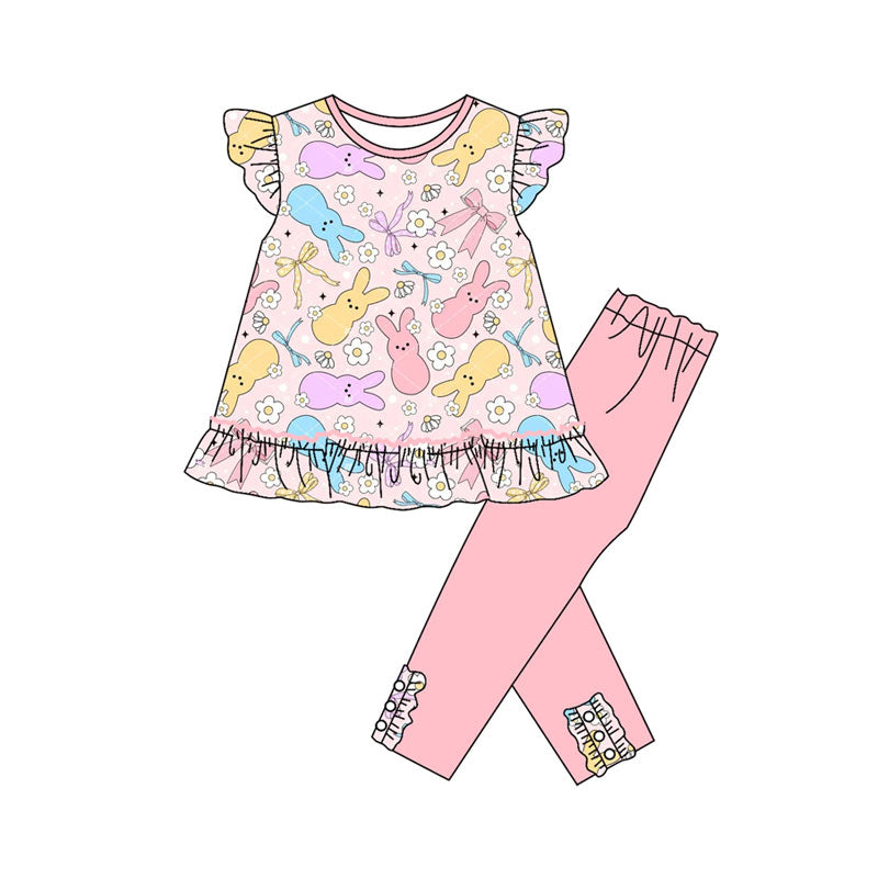 preorder GSPO2081 Easter bunny rabbit flowers pink flutter sleeve pink pants girls set