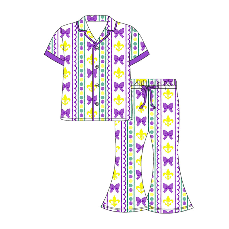 preorder GSPO2086 Mardi Gras yellow purple green bows dot short sleeve pants adult women pajamas