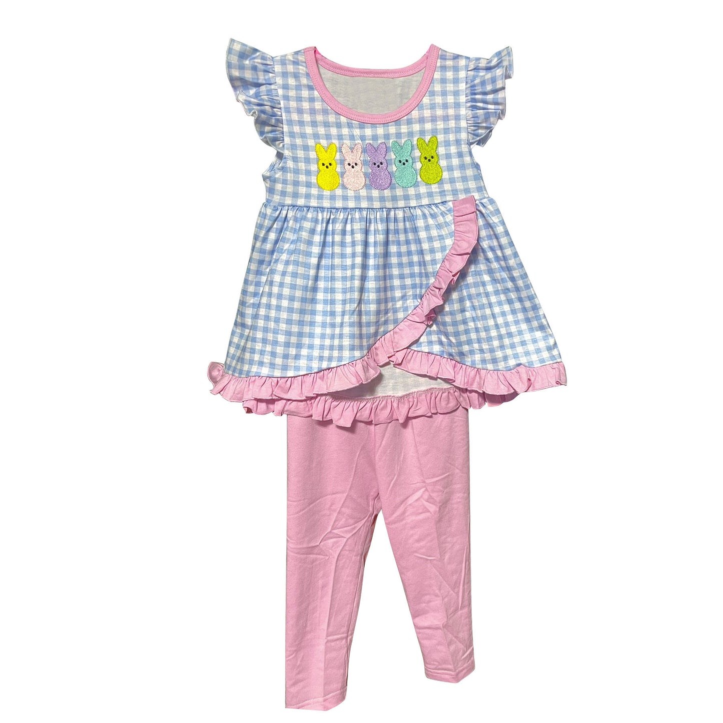 preorder GSPO2088 Easter bunny rabbit blue checkered flutter sleeve pink pants girls set