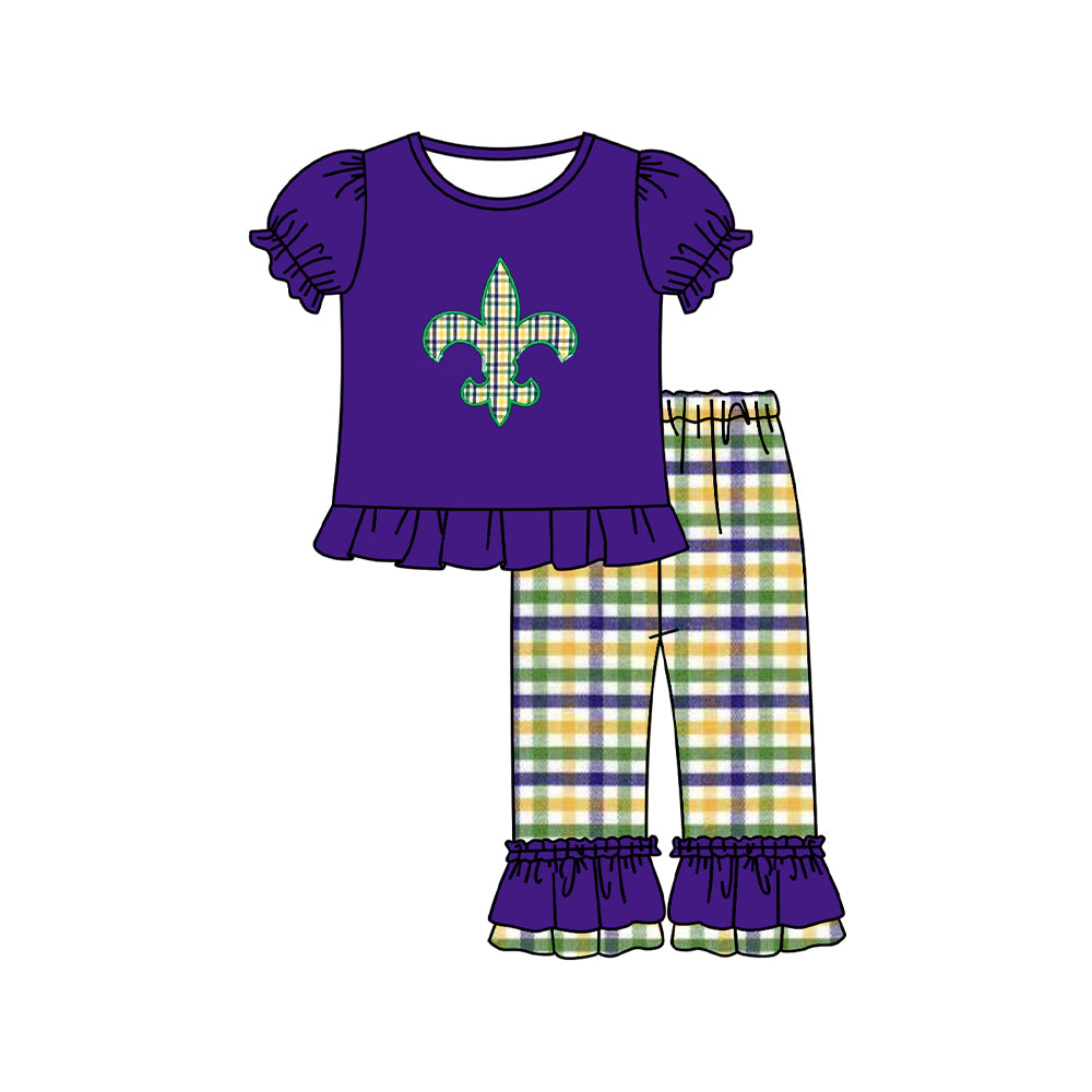 preorder GSPO2093 Mardi Gras purple short sleeve purple green yellow checkered pants girls set