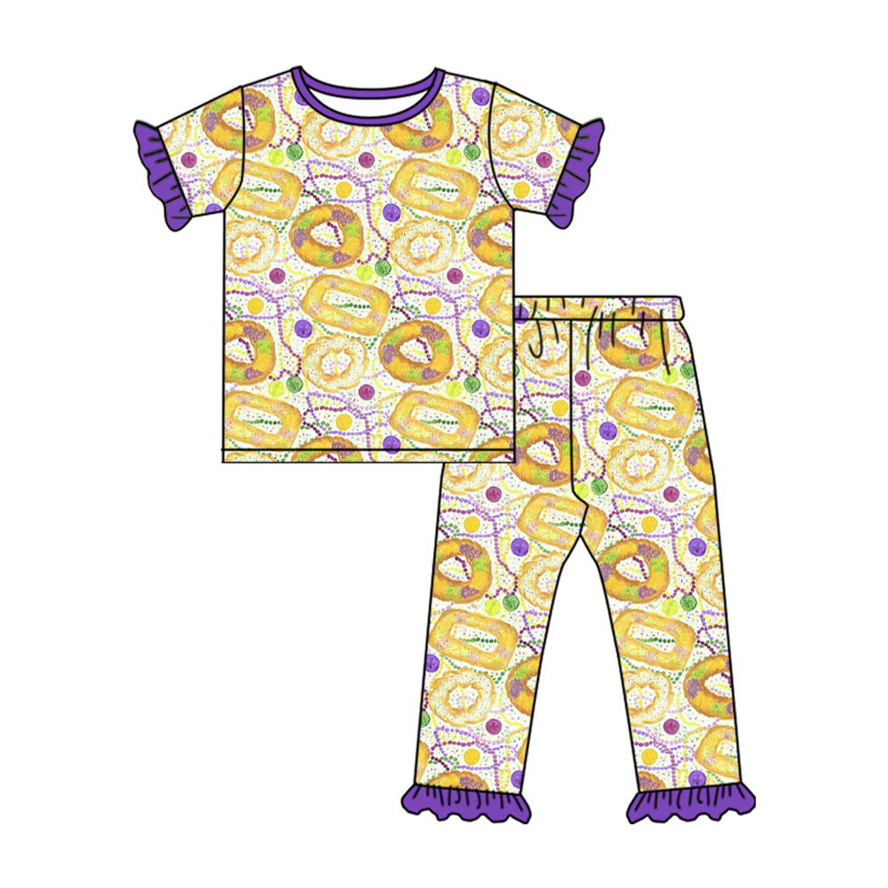 preorder GSPO2102 Mardi Gras dount yellow purple green dot short sleeve pants girls pajamas