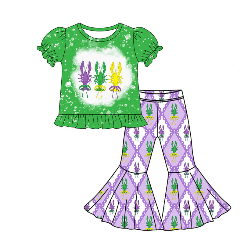 preorder GSPO2103 Mardi Gras crayfish green short sleeve purple pants girls set