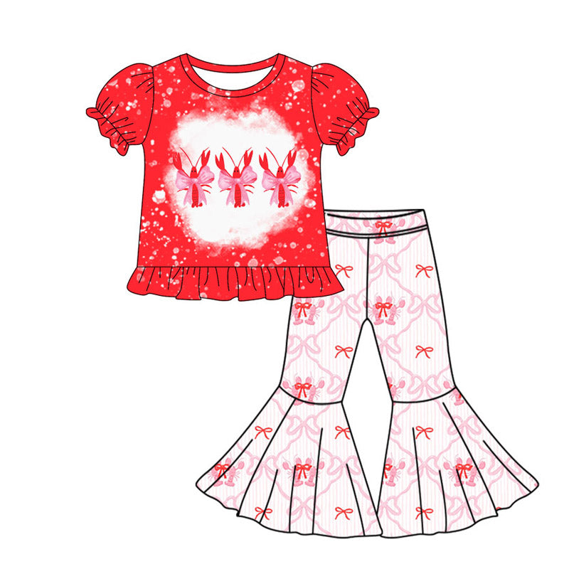 preorder GSPO2105 red crayfish bows short sleeve pink bows pants girls set