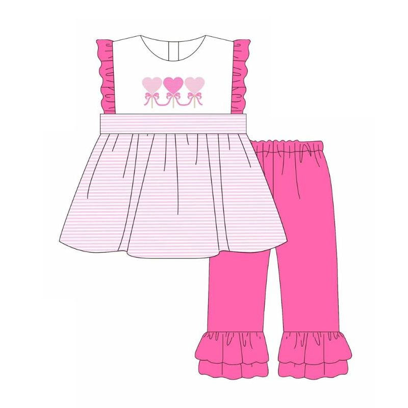 preorder GSPO2106 Valentine's Day heart bows ruffles sleeve hot pink pants girls set