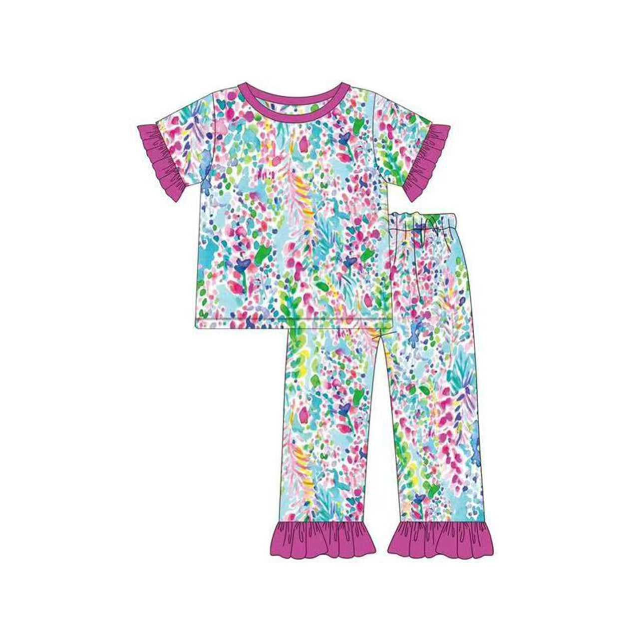 preorder GSPO2112 colorful flowers printing hot pink short sleeve pants girls pajamas