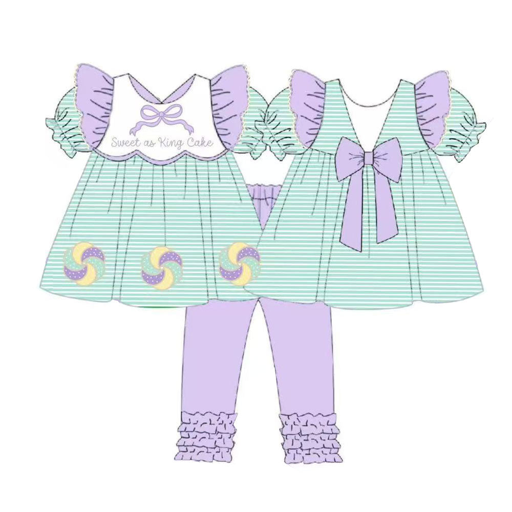 preorder GSPO2113 Mardi Gras sweet as king cake bows short sleeve purple pants girls set