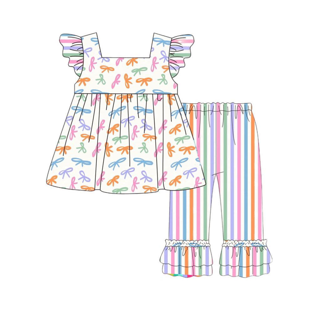 preorder GSPO2125 colorful bows flutter sleeve rainbow striped pants girls set