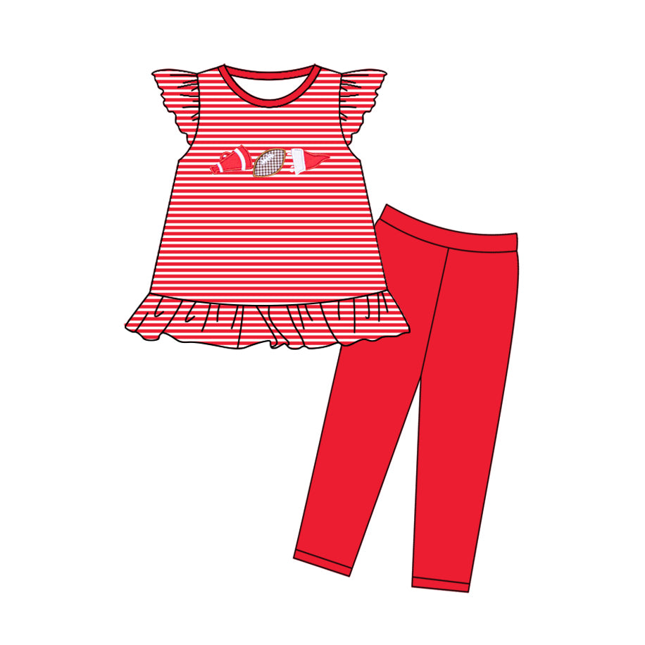 preorder GSPO2131 football red striped flutter sleeve red pants girls set