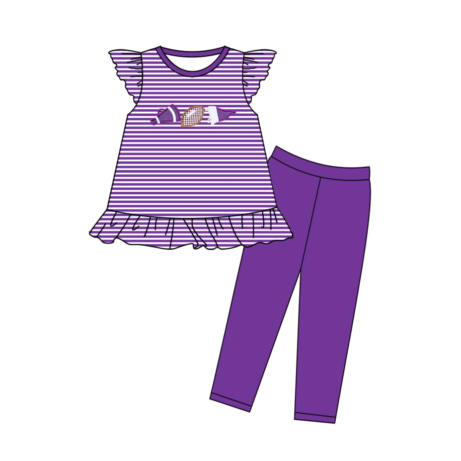 preorder GSPO2134 football purple striped flutter sleeve purple pants girls set
