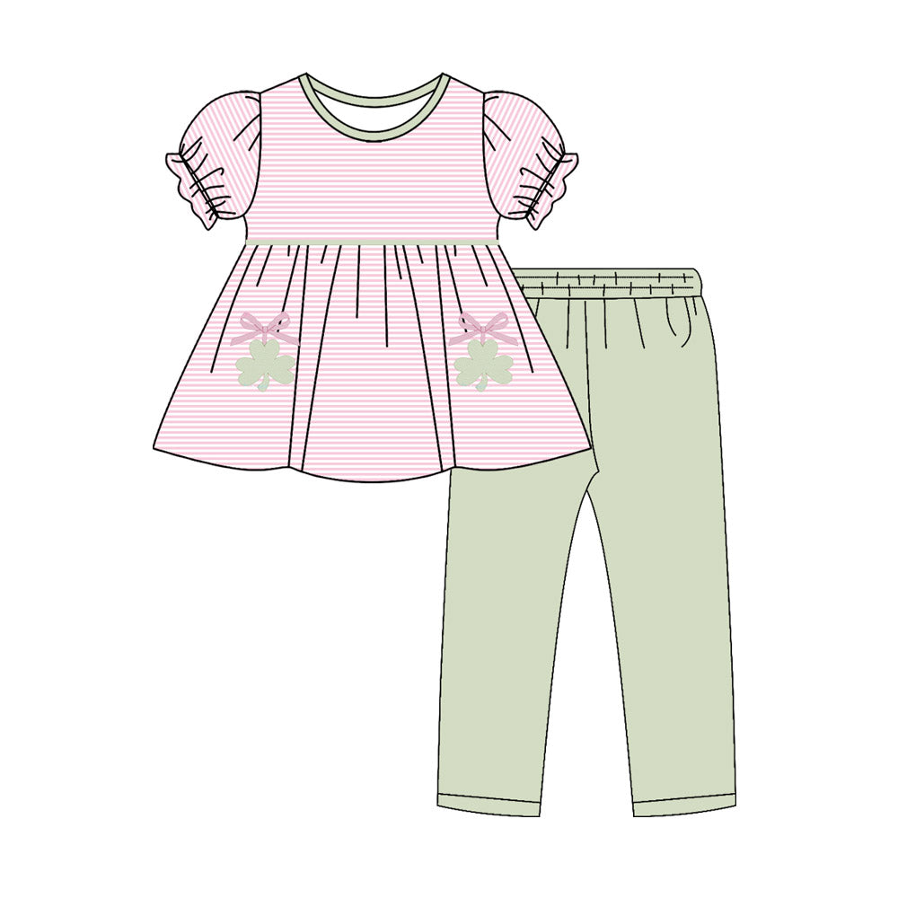 preorder GSPO2144 St Patrick clover pink striped shrot sleeve green pants girls set