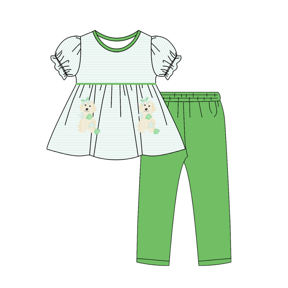 preorder GSPO2146 St Patrick dog clover green striped shrot sleeve green pants girls set