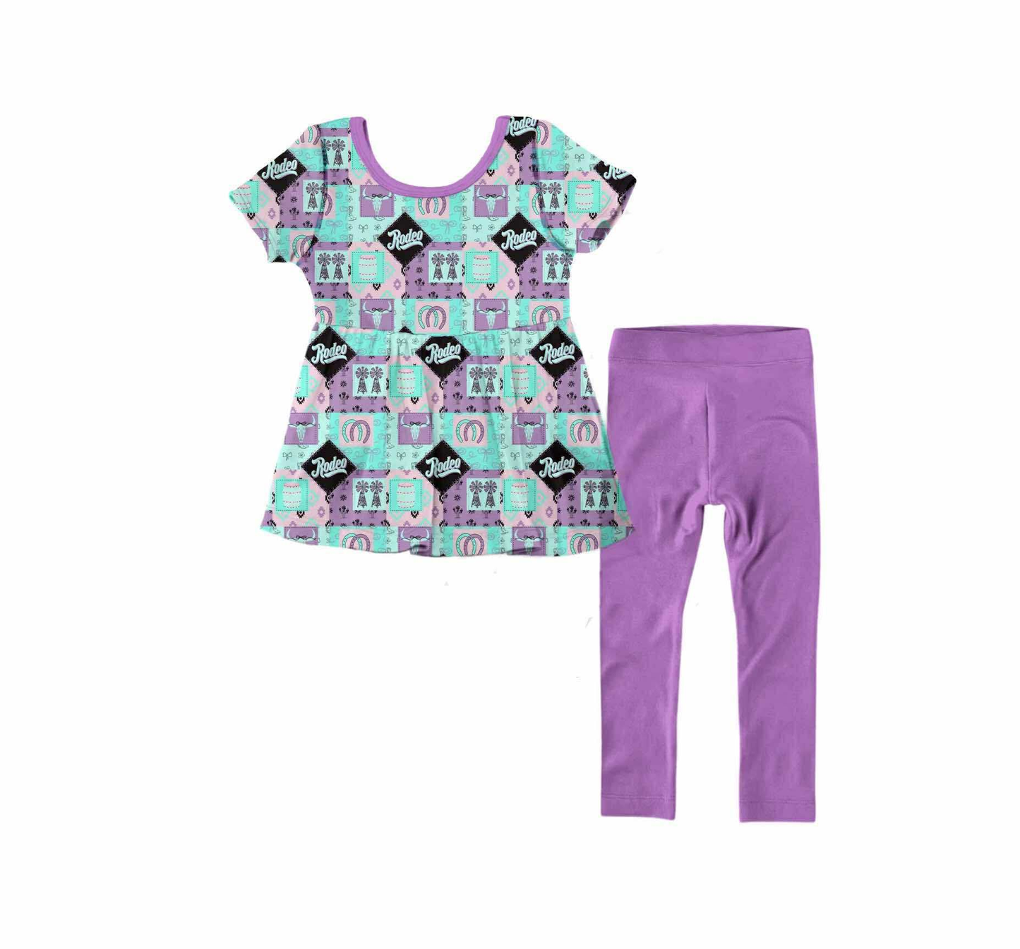 preorder GSPO2148 Western cow rodeo short sleeve purple pants girls set