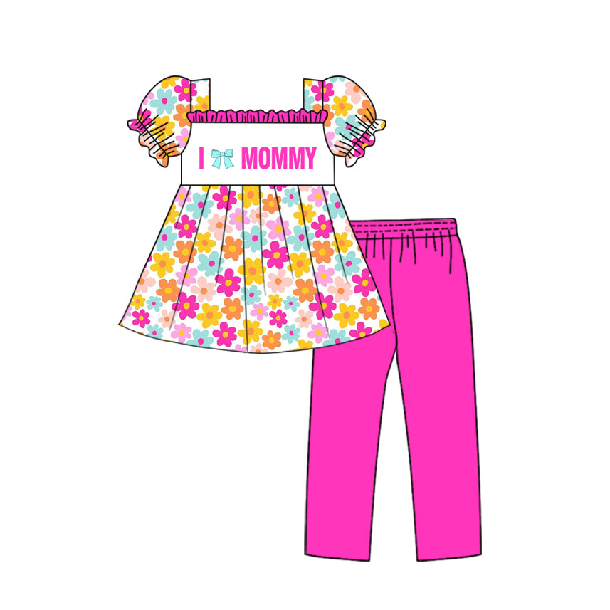 preorder GSPO2157 i love mommy bow flowers flutter sleeve hot pink pants girls set