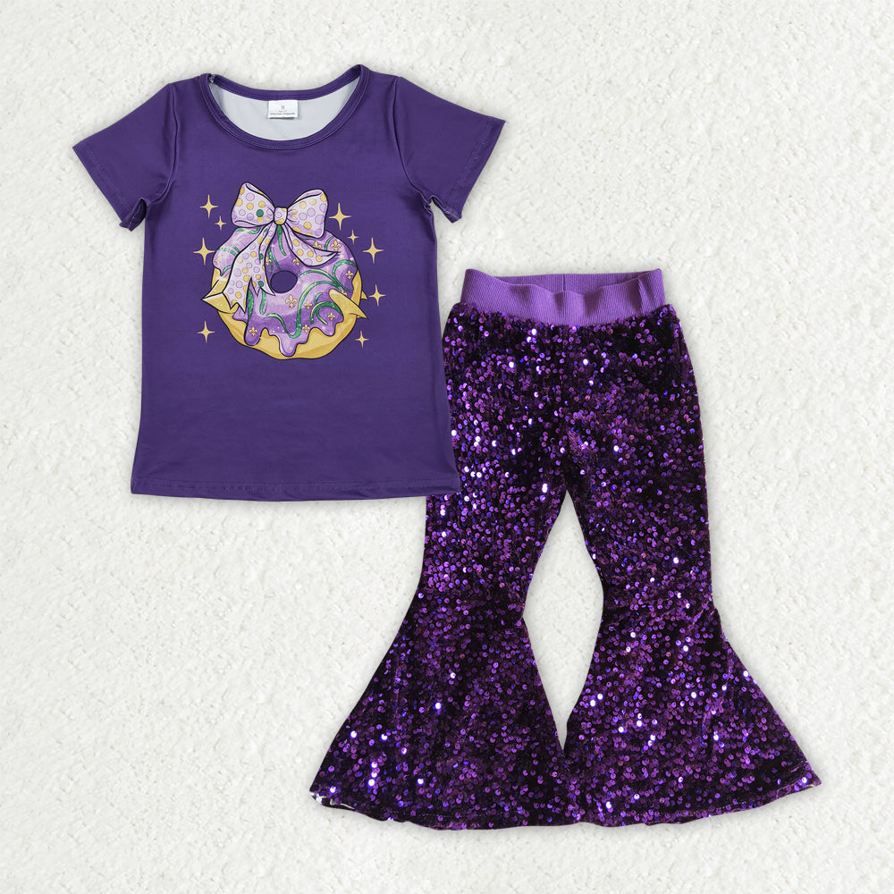 GSPO2158 Mardi Gras Purple Bow Dount Short Sleeve Purple Sequin Pants Girls Set