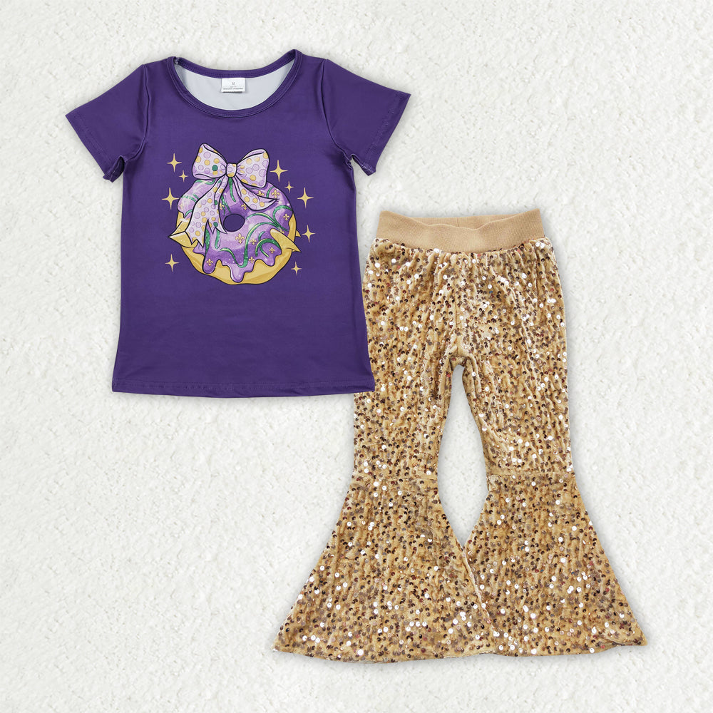 GSPO2159 Mardi Gras Purple Bow Dount Short Sleeve Golden Sequin Pants Girls Set