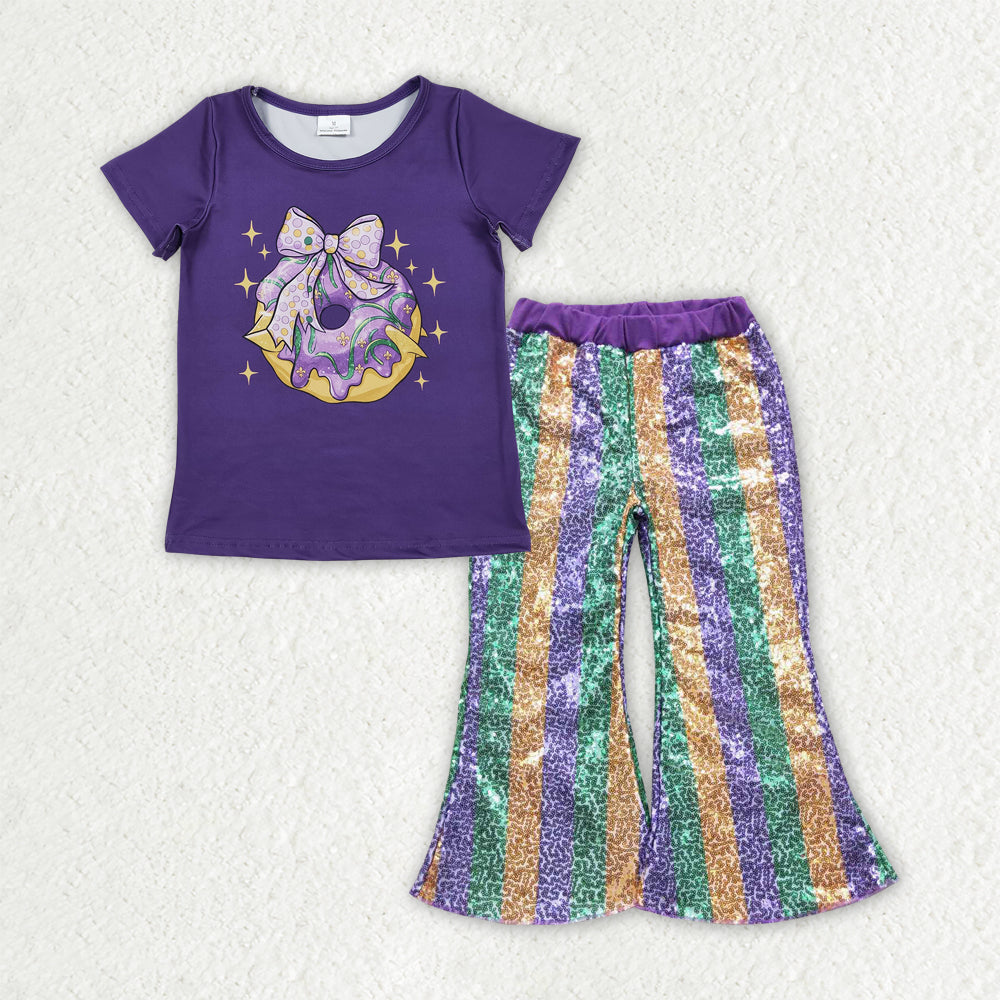 GSPO2161 Mardi Gras Purple Bow Dount Short Sleeve Striped Sequin Pants Girls Set