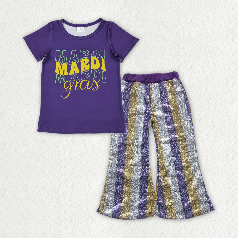 GSPO2162 Mardi Gras Purple Short Sleeve Striped Sequin Pants Girls Set