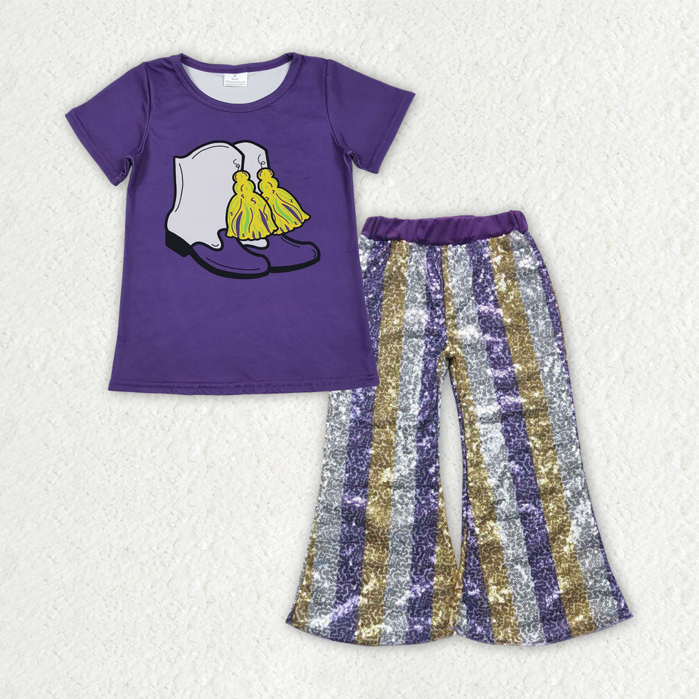 GSPO2164 Mardi Gras Boot Purple Short Sleeve Striped Sequin Pants Girls Set