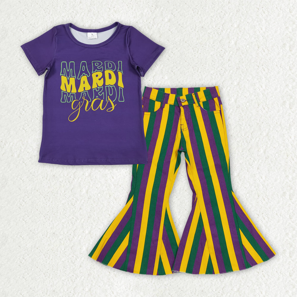 GSPO2167 Mardi Gras Purple Short Sleeve Striped Jeans Girls Set