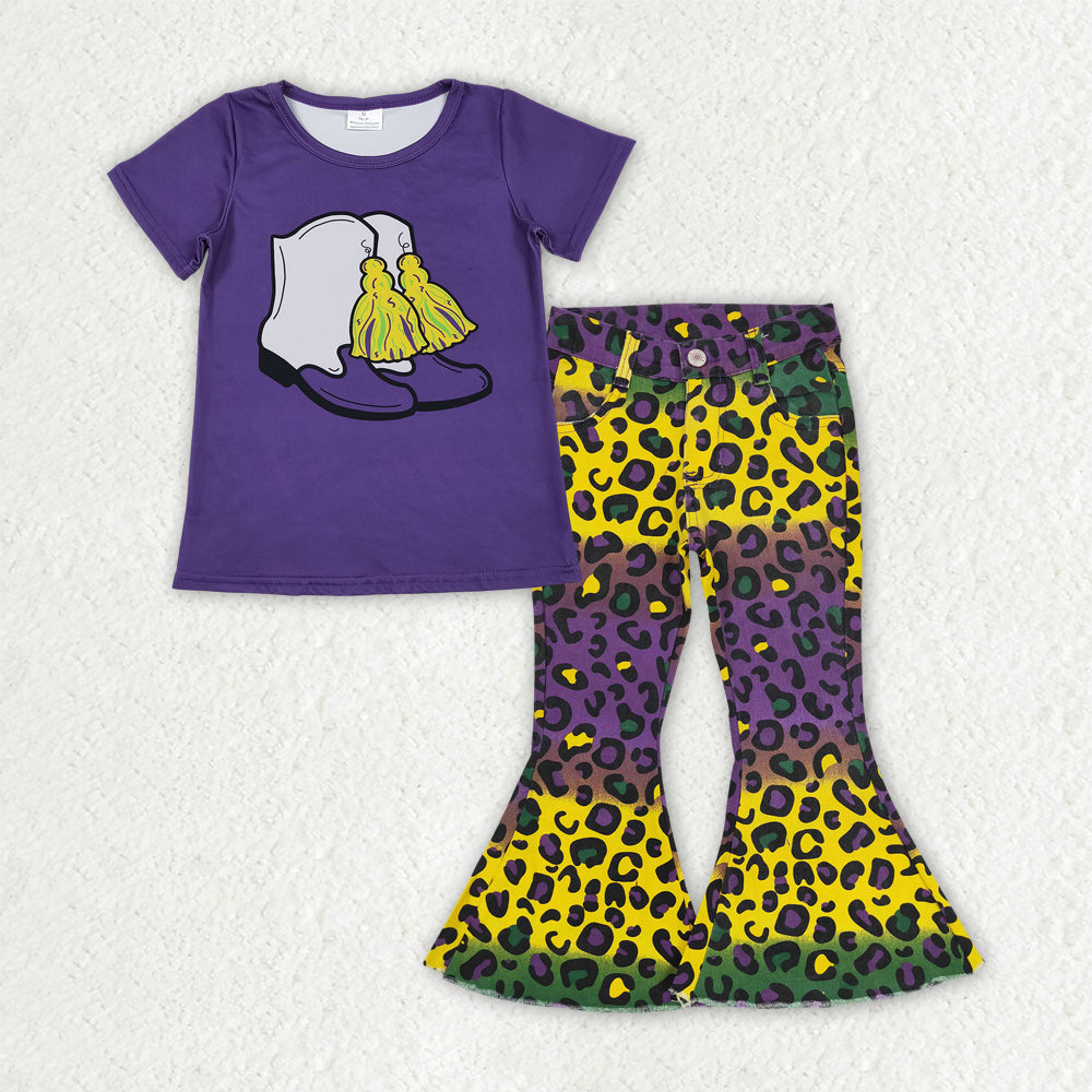 GSPO2168 Mardi Gras Boot Purple Short Sleeve Leopard Jeans Girls Set