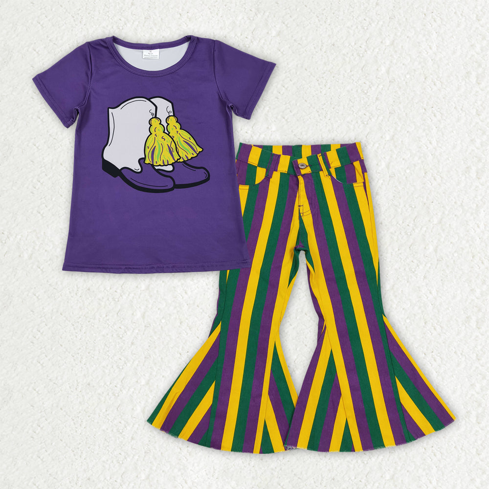 GSPO2169 Mardi Gras Boot Purple Short Sleeve Striped Jeans Girls Set