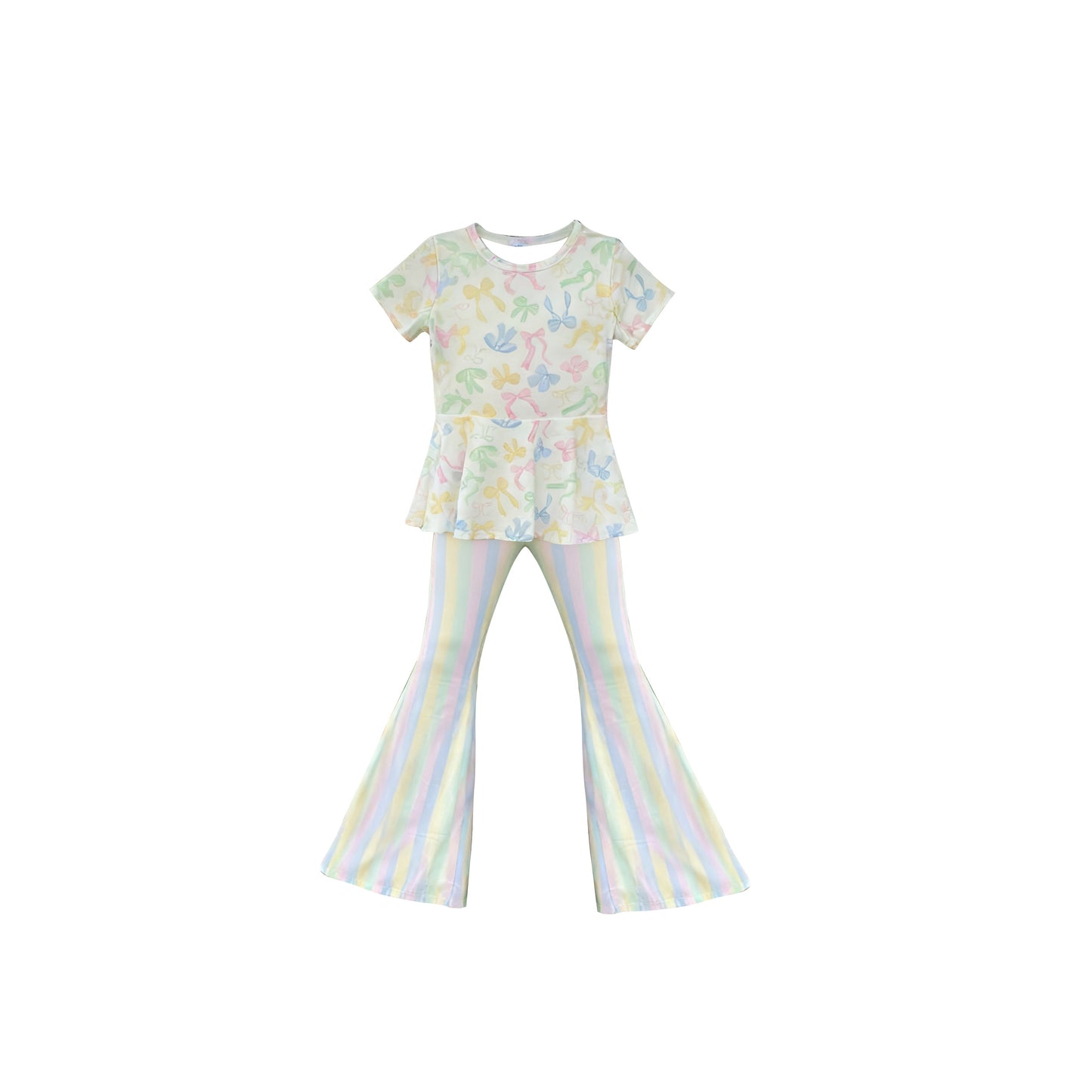 preorder GSPO2196 Colorful Bows Short Sleeve Striped Pants Girls Set