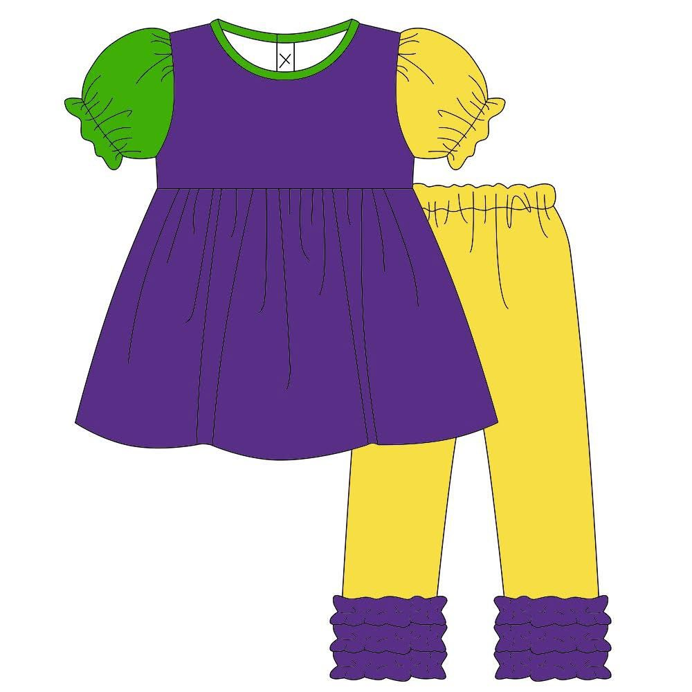 preorder GSPO2197 Mardi Gras Purple Short Sleeve Yellow Pants Girls Set