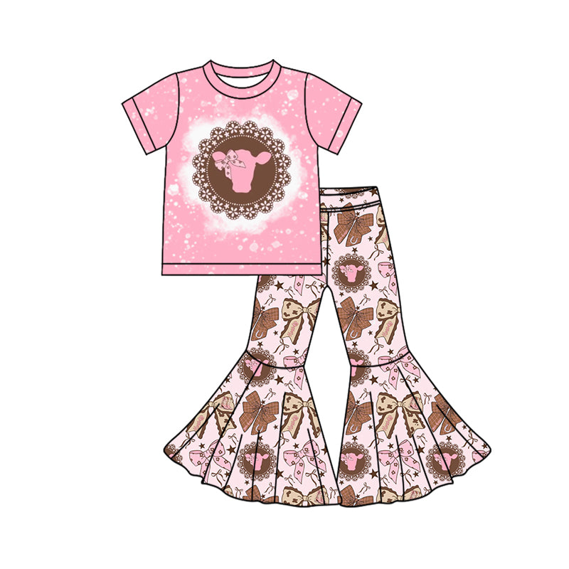 preorder GSPO2243 Cow Pink Short Sleeve Bows Pants Girls Set