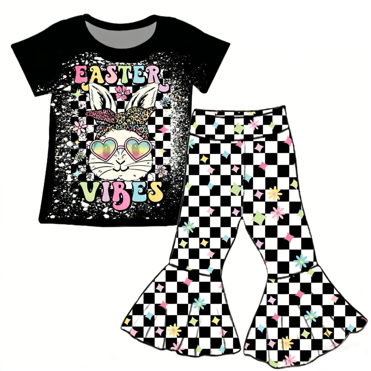 preorder GSPO2271 Easter Vibes Rabbit Black Short Sleeve Checkered Pants Girls Set