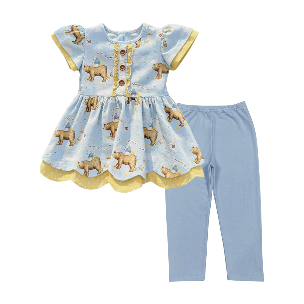 preorder GSPO2281 Easter Rabbit Bear Flutter Sleeve Blue Pants Girls Set