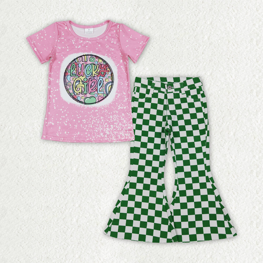 GSPO2288 Lucky Girl Pink Short Sleeve Green Checkered Jeans Girls Set