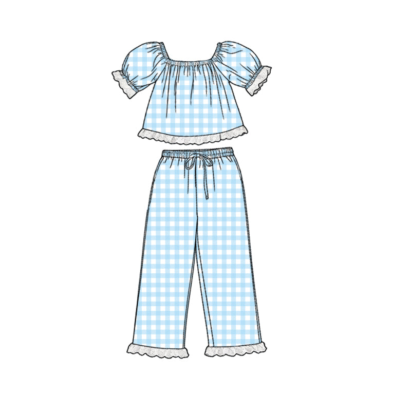 preorder GSPO2289 Blue Checkered Short Sleeve Pants Girls Set