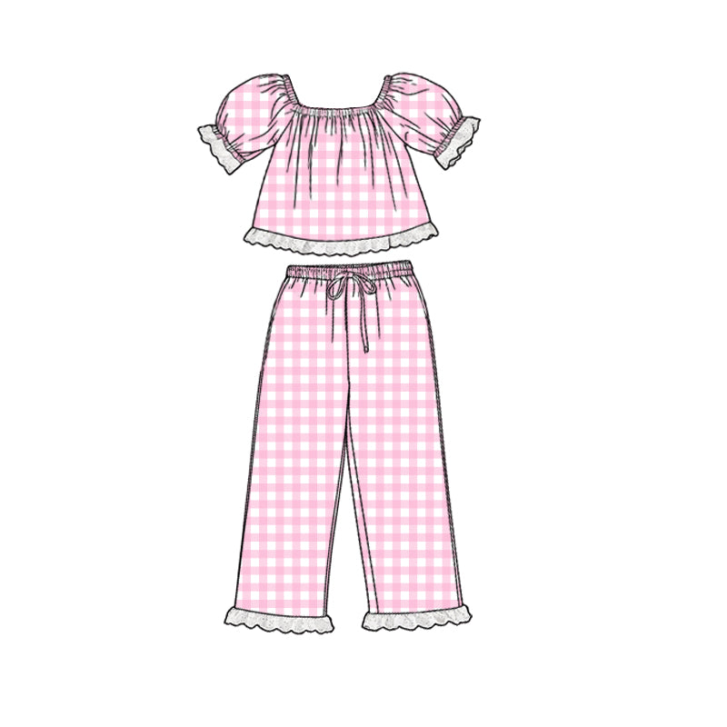preorder GSPO2290 Pink Checkered Short Sleeve Pants Girls Set