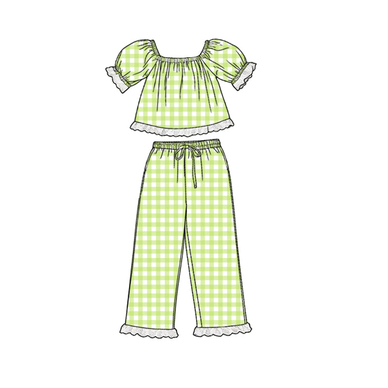 preorder GSPO2293 Green Checkered Short Sleeve Pants Girls Set