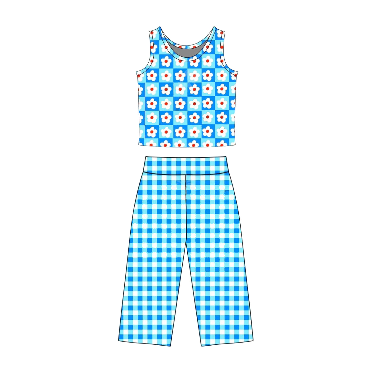 preorder GSPO2295 Flowers Blue Checkered Sleeveless Pants Girls Set