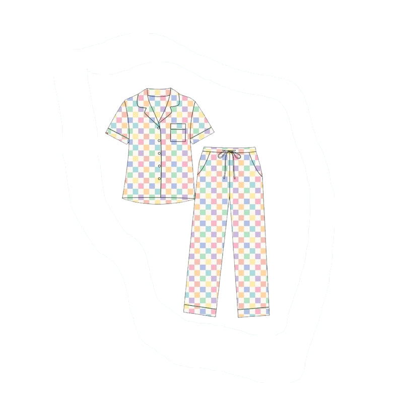 preorder GSPO2313 Colorful Checkered Short Sleeve Pants Girls Pajamas