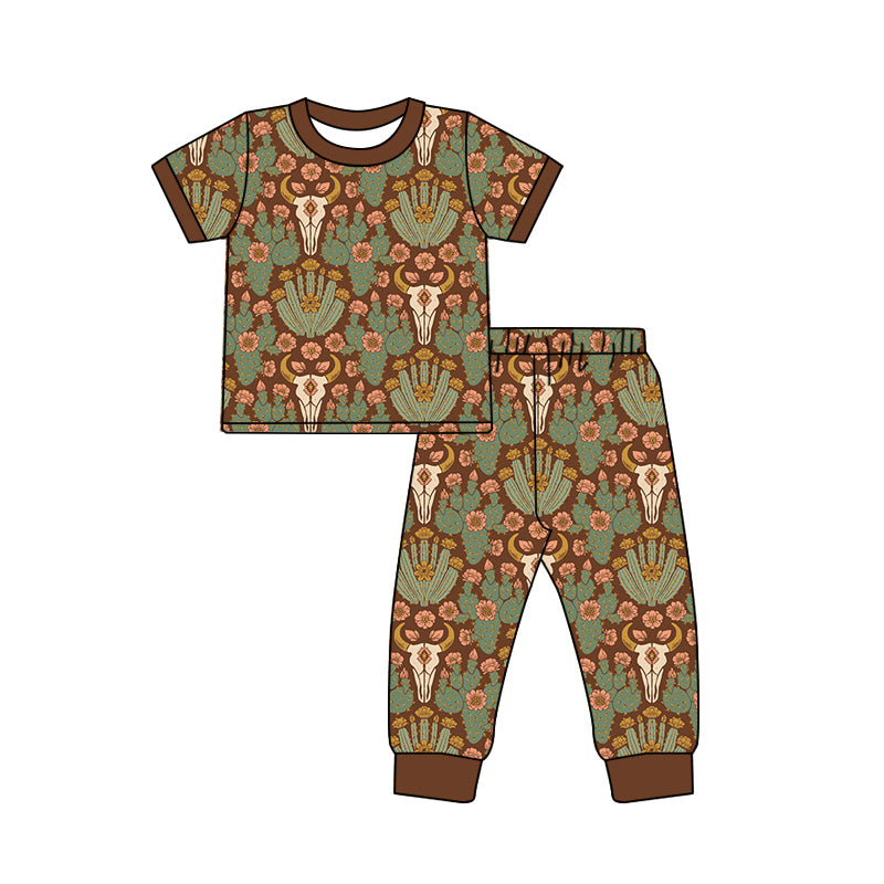 preorder GSPO2316 Western Cow Cactus Long Sleeve Pants Girls Set