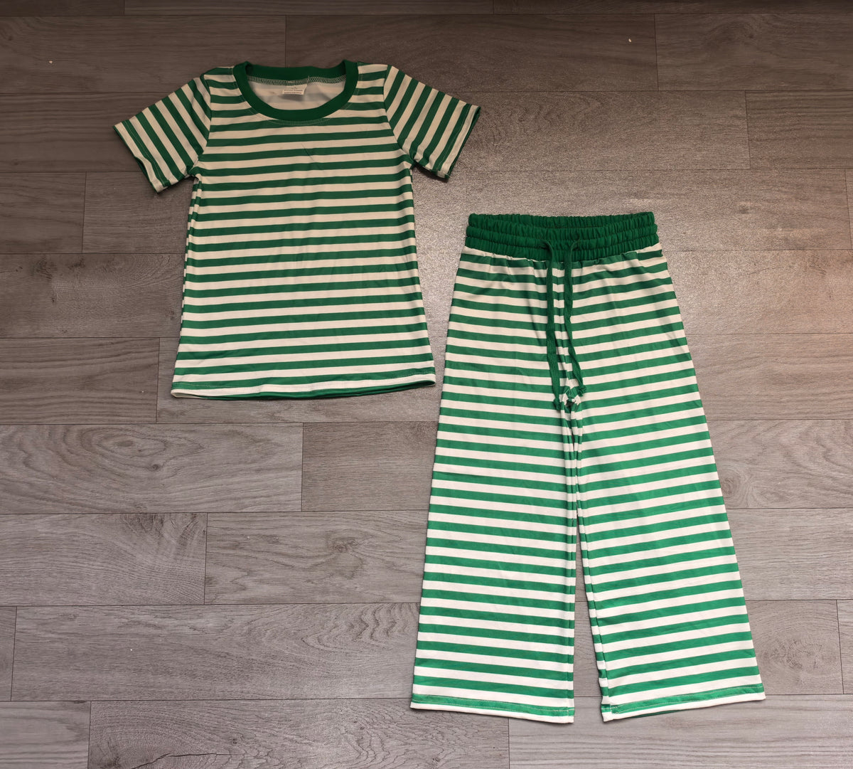preorder Samples GSPO2383 Green Striped Short Sleeve Pants Girls Set