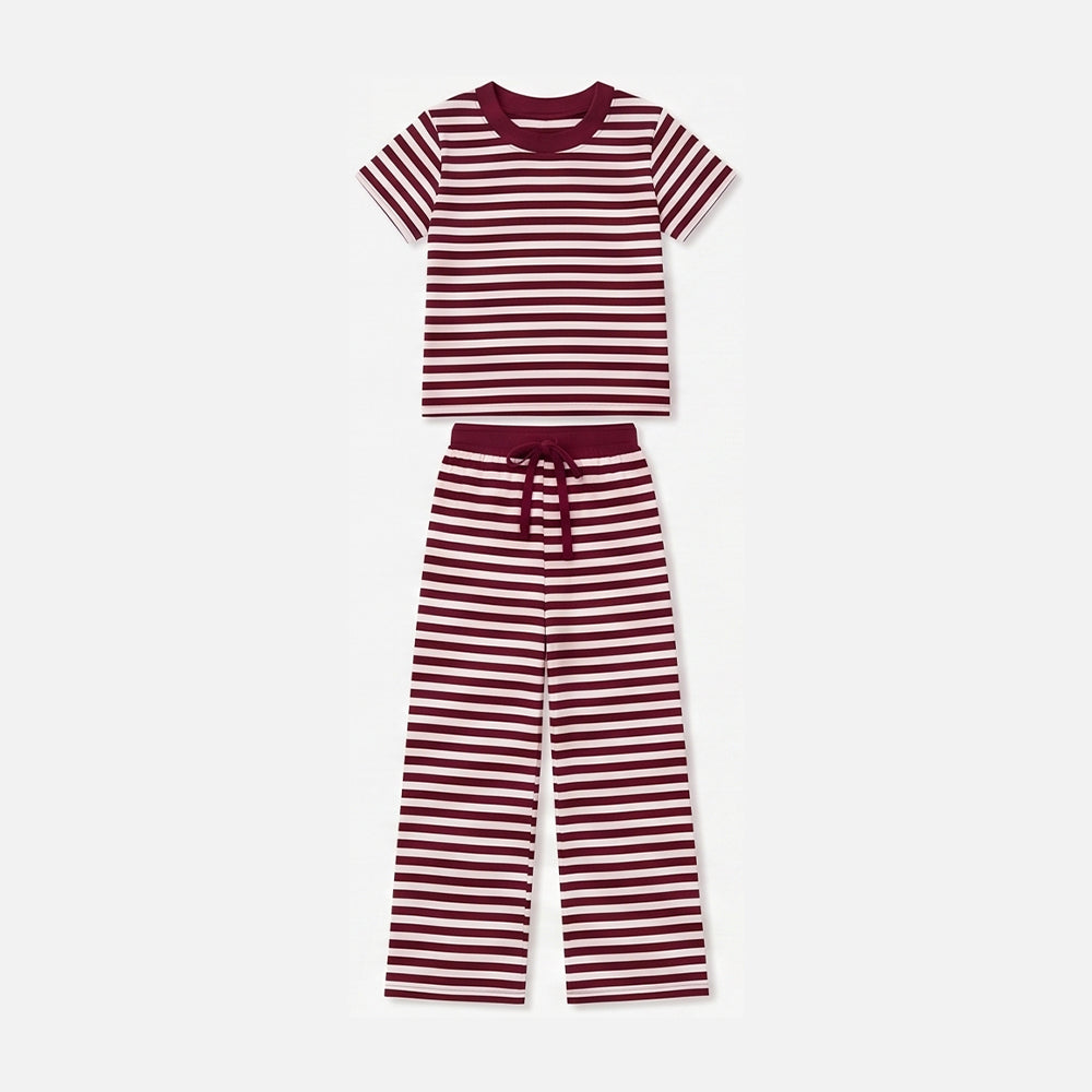 preorder GSPO2384 Maroon Striped Short Sleeve Pants Girls Set