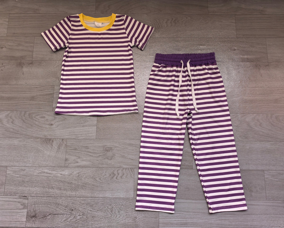 preorder Samples GSPO2386 Purple Striped Short Sleeve Pants Girls Set