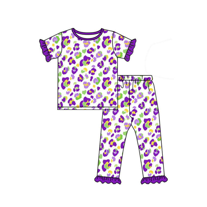 preorder GSPO2388 Mardi Gras Leopard Purple Short Sleeve Pants Girls Set