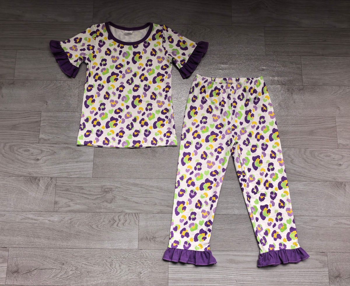 preorder Samples GSPO2388 Mardi Gras Leopard Purple Short Sleeve Pants Girls Set