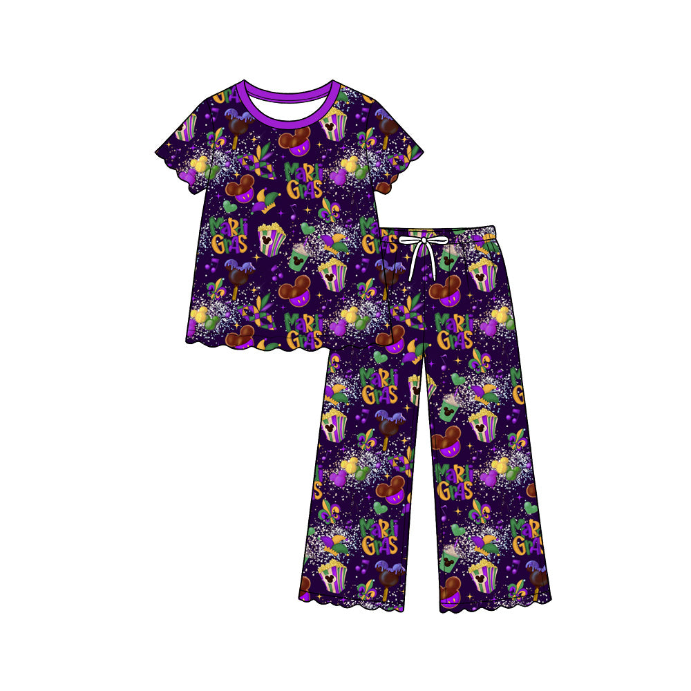preorder GSPO2394 Mardi Gras Purple Short Sleeve Pants Girls Set