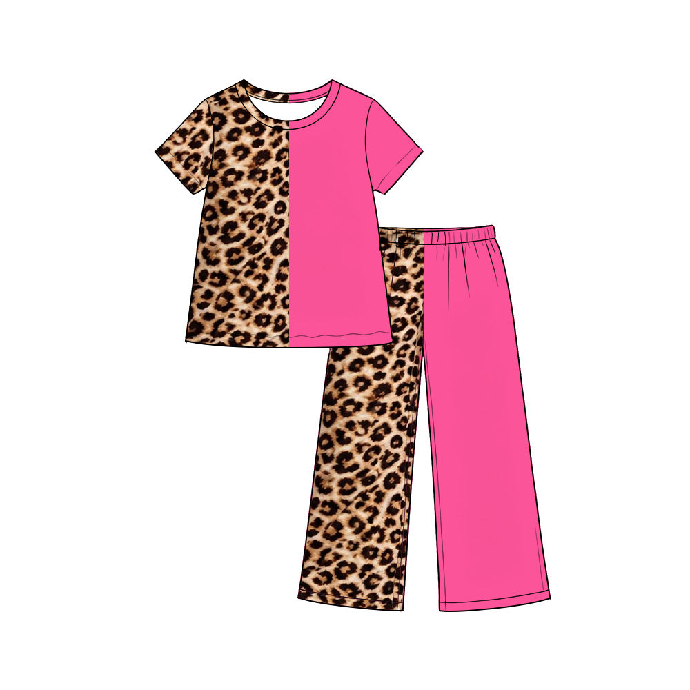 preorder GSPO2402 Leopard Hot Pink Short Sleeve Pants Girls Set