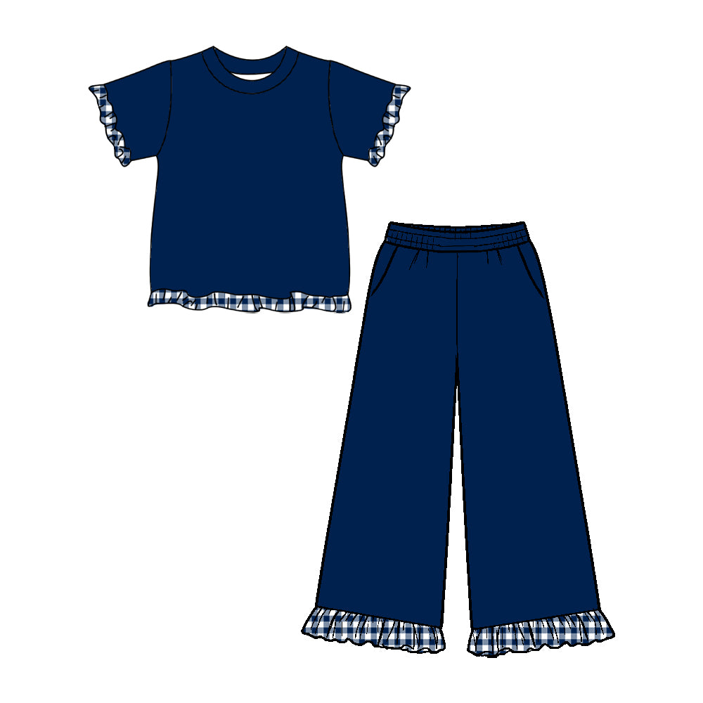 preorder GSPO2409 Cotton Navy Blue Short Sleeve Pants Girls Set